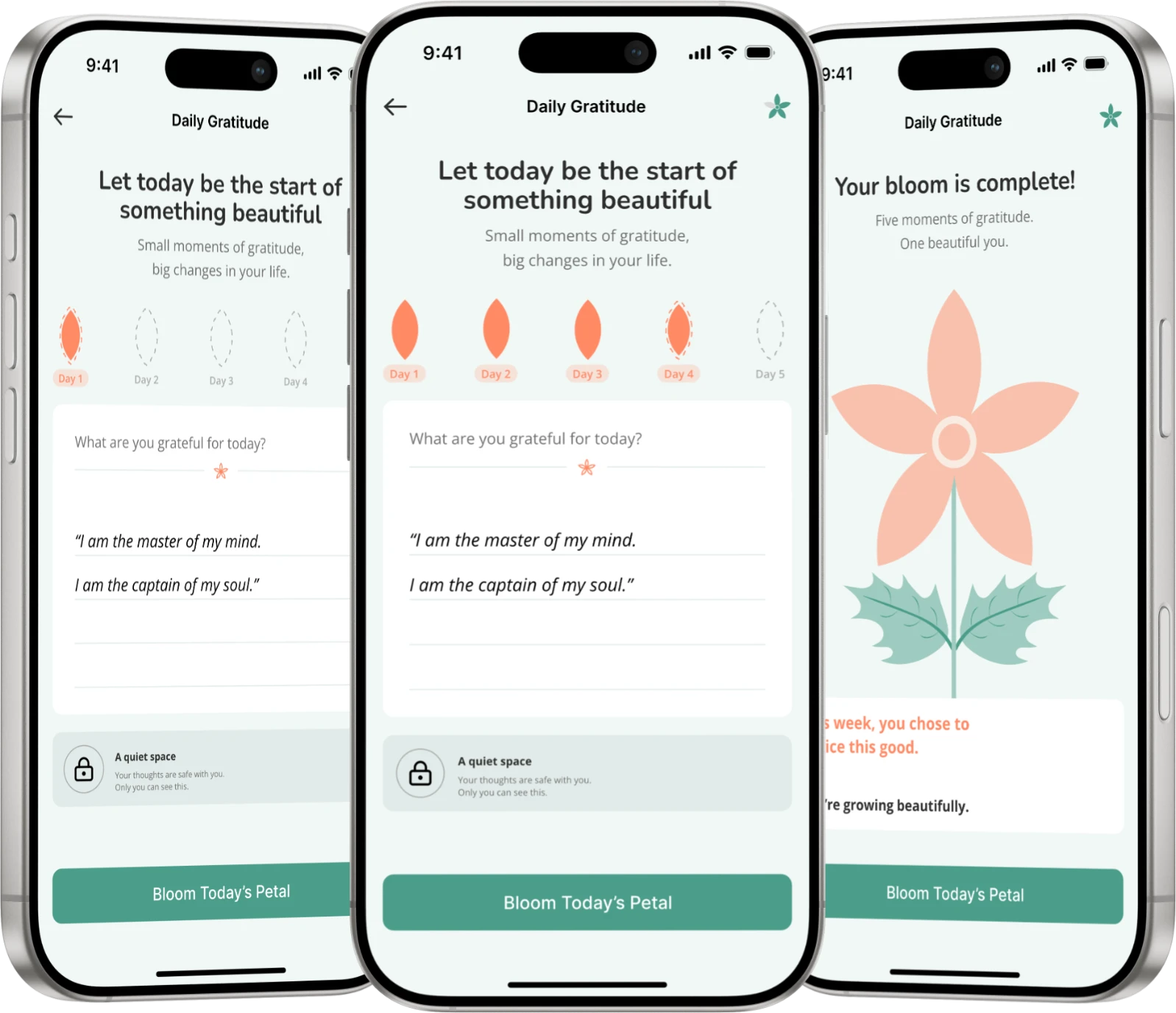 Daily Gratitude flow — logging gratitude entries across five days and the completed bloom screen