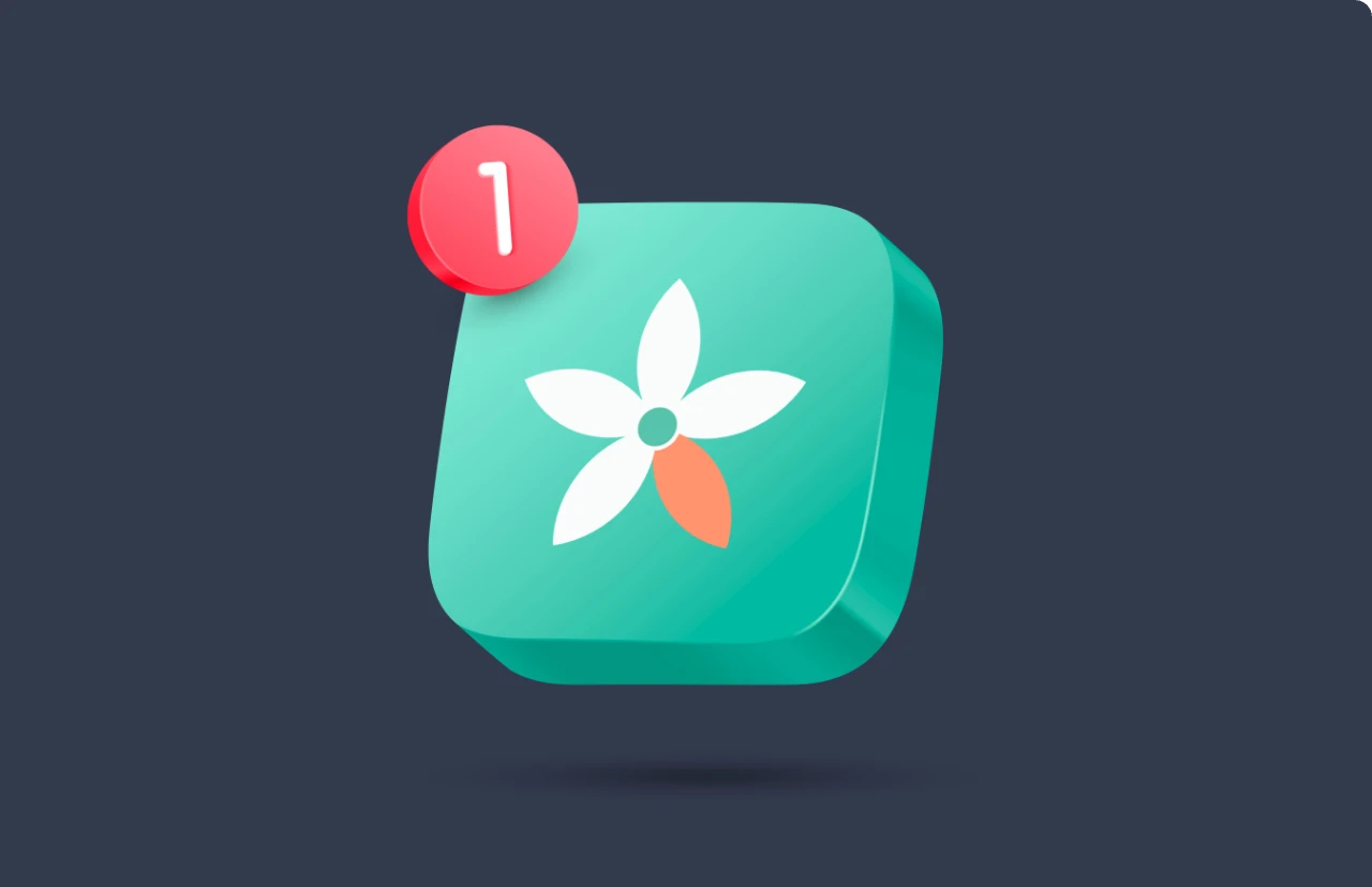 Bloom app icon 3D mockup on dark background with a notification badge
