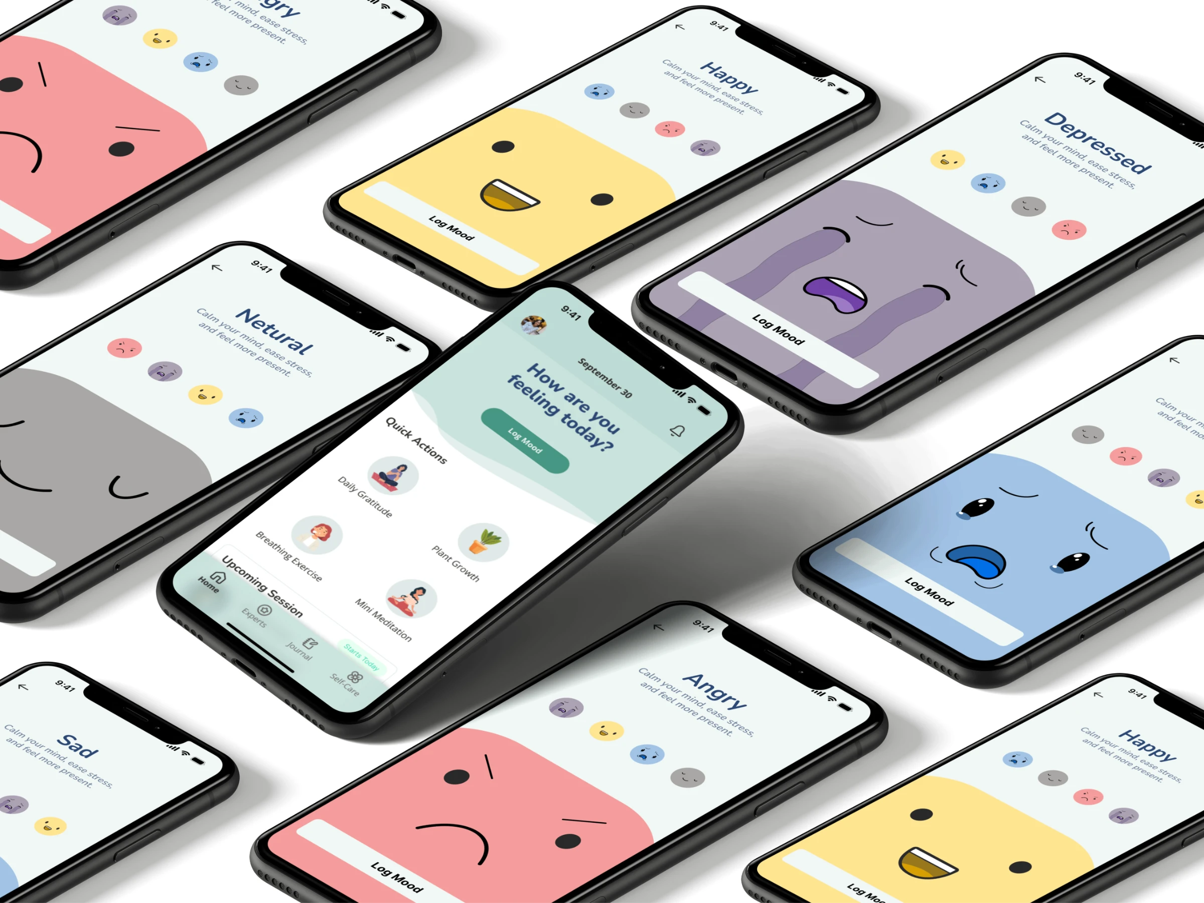 Collage of Bloom app screens showing mood-log states — happy, sad, angry, depressed, and neutral