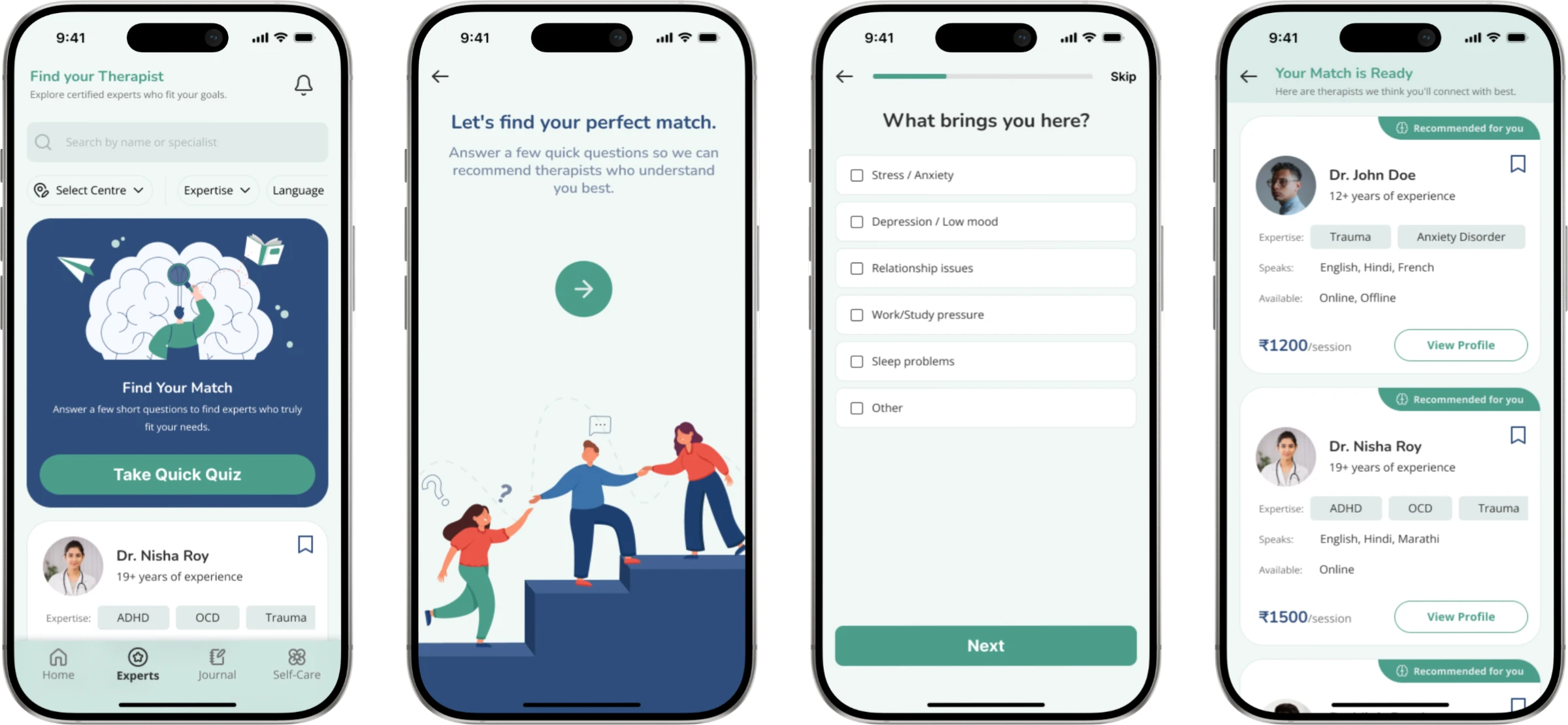 Therapist matching flow — Find your Therapist home screen, quiz intro, questionnaire, and matched results