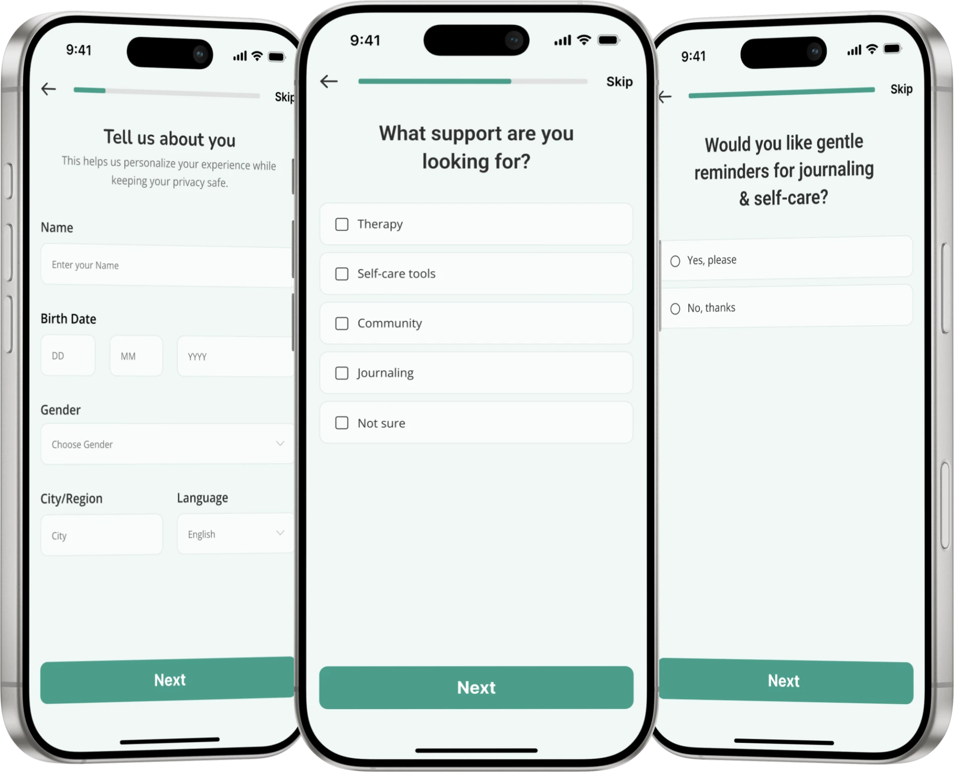 Bloom questionnaire walkthrough — Tell us about you, What support are you looking for, Ready to bloom