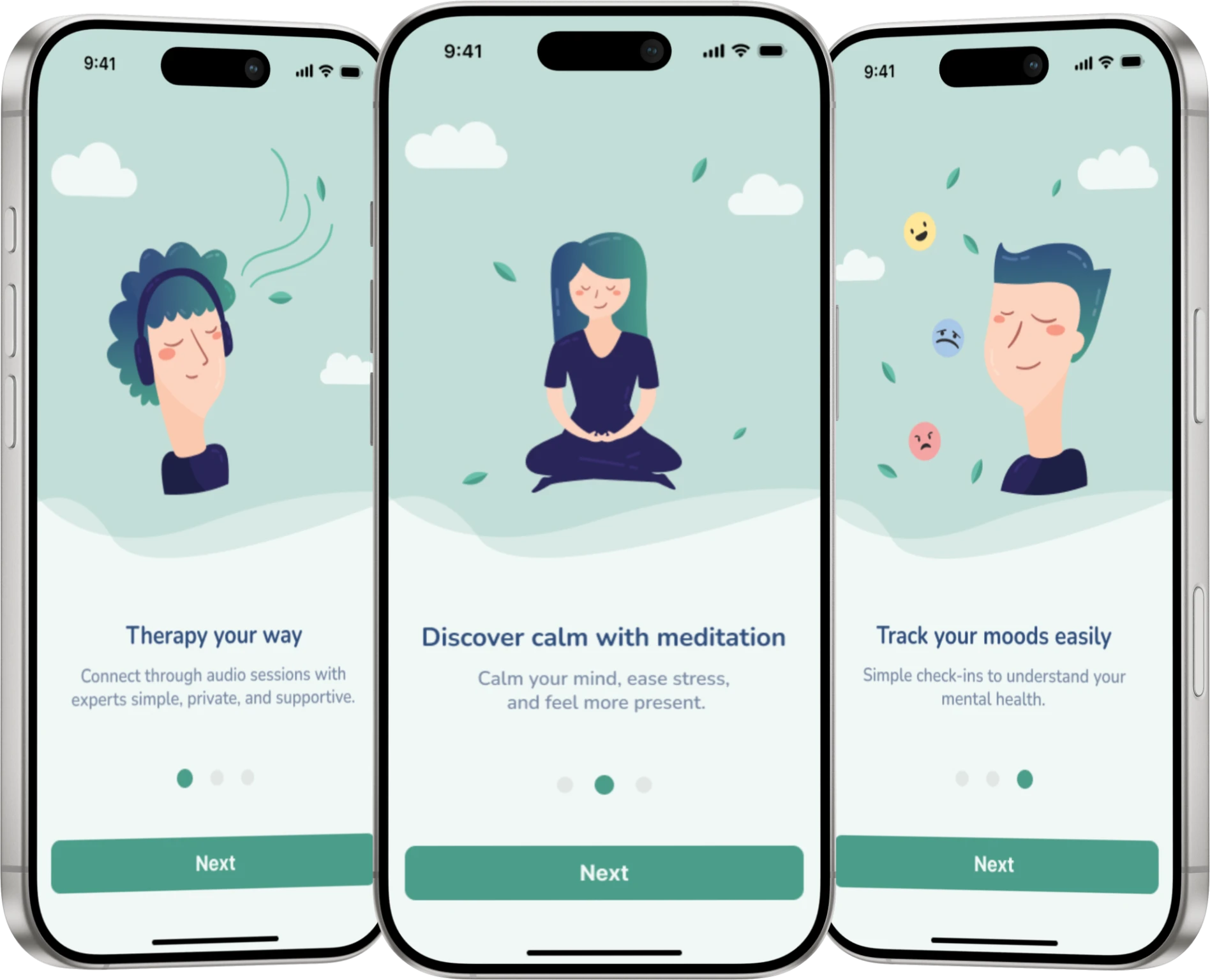 Bloom onboarding walkthrough — Therapy your way, Discover calm with meditation, Track your moods easily
