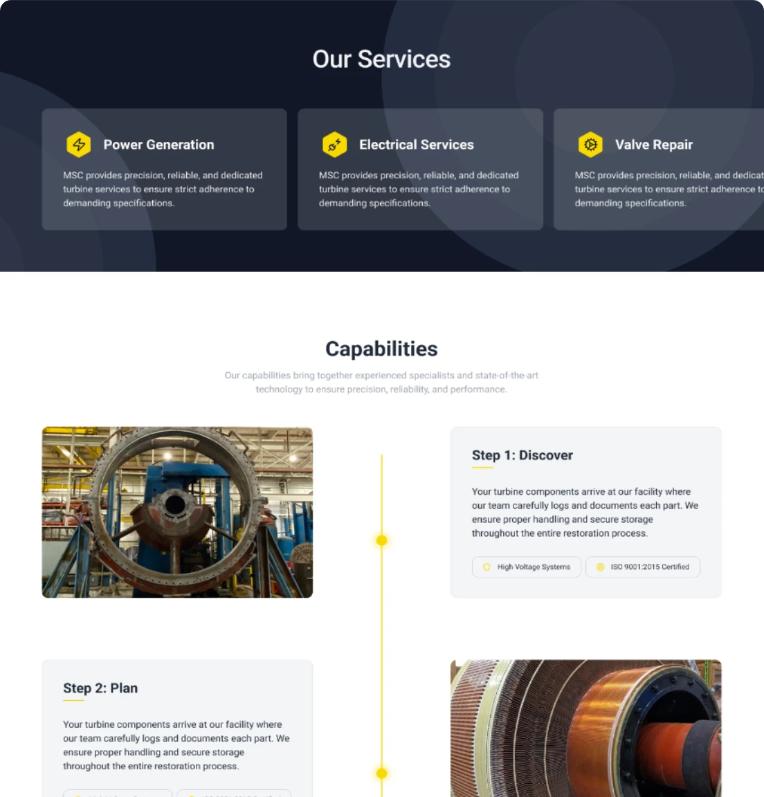 Midwest Service Center website sections: Our Services cards and a Capabilities process with machinery photos