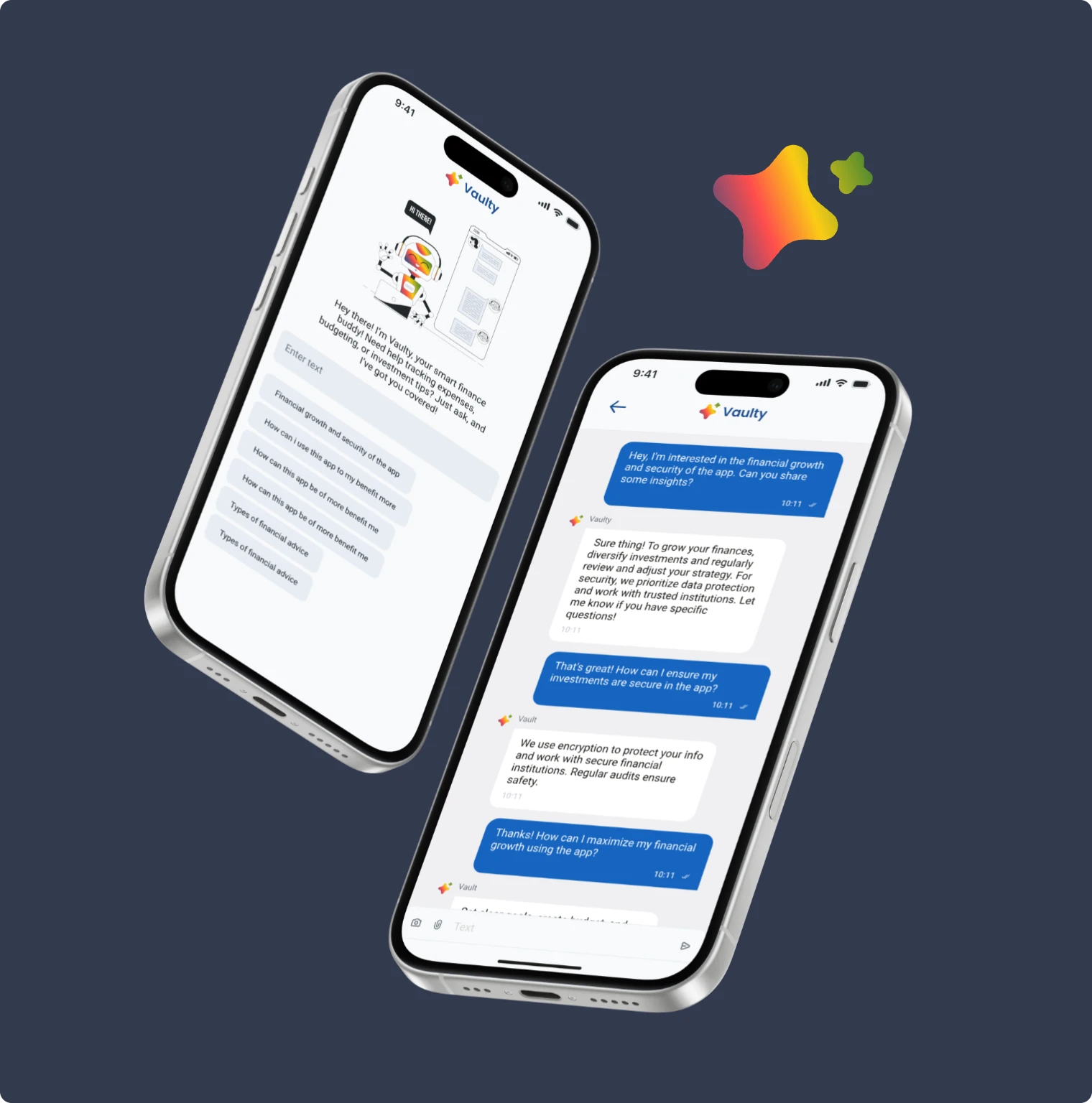 Quill AI financial assistant chat shown across two phone screens